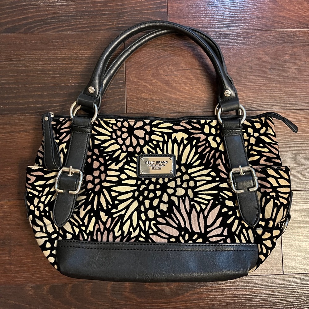 Relic by Fossil floral satchel tote, black cream and taupe